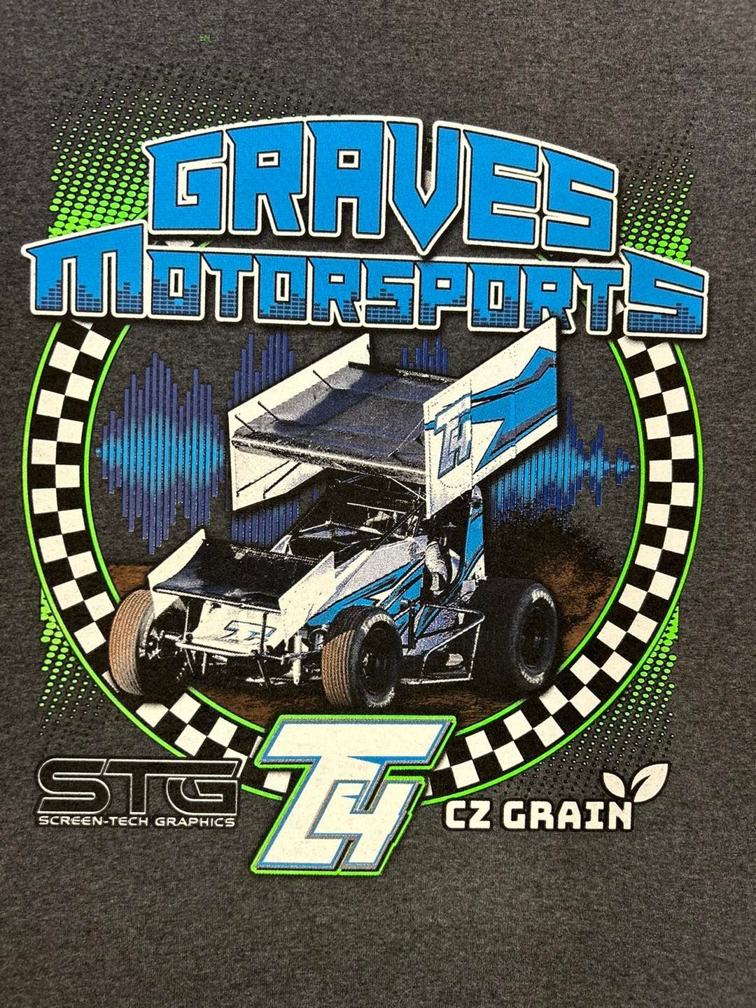 A graves motorsports shirt with a race car on it