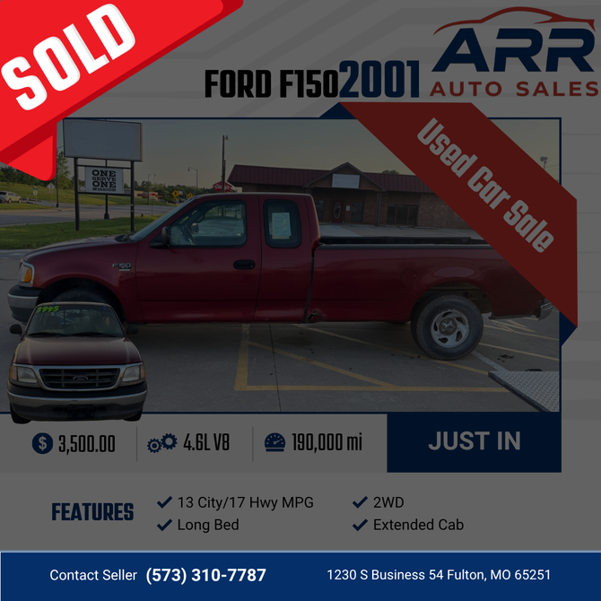 2001 Ford F150 for sale at ARR Auto Sales for $3,500 with 190,000 miles. Contact: (573) 310-7787.