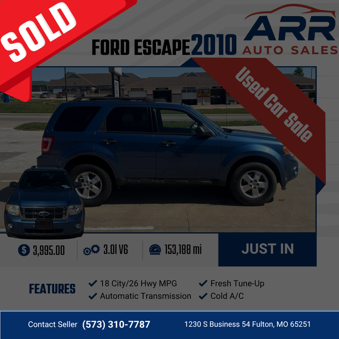 2010 Ford Escape for sale at ARR Auto Sales for $4,997 with 153,188 miles. Contact: (573) 310-7787.