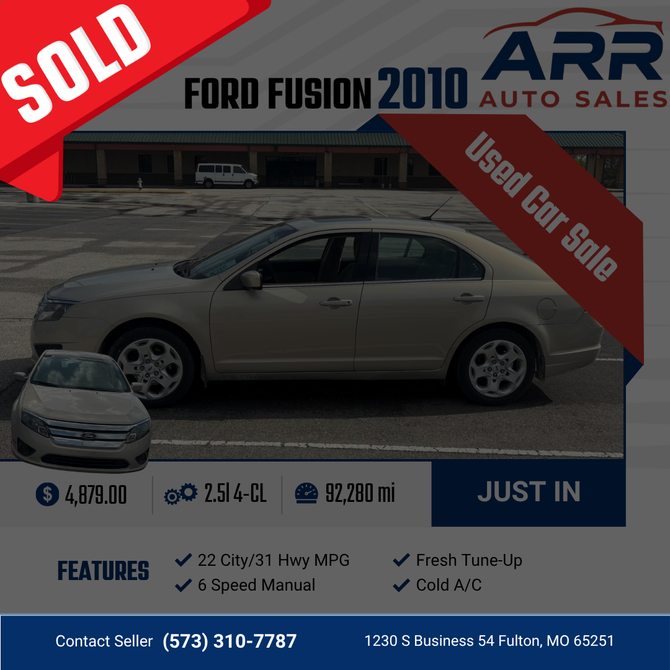 2010 Ford Fusion for sale at ARR Auto Sales for $4,997 with 92,280 miles. Contact: (573) 310-7787.