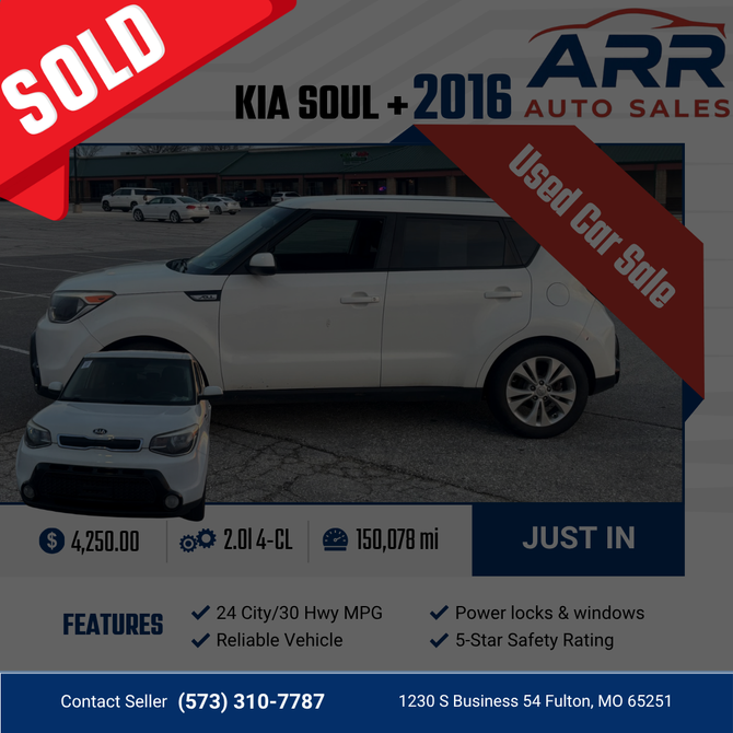 2016 Kia Soul + for sale at ARR Auto Sales for $4,977 with 150,078 miles. Contact: (573) 310-7787.