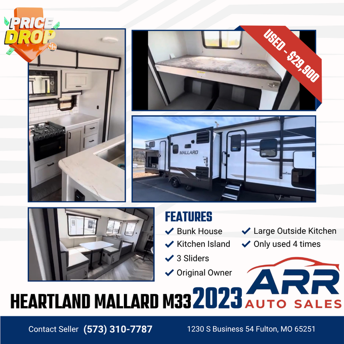 A sales flyer for a used 2023 Heartland Mallard M33 travel trailer for $29,900 from ARR Auto Sales, contact (573) 310-7787.