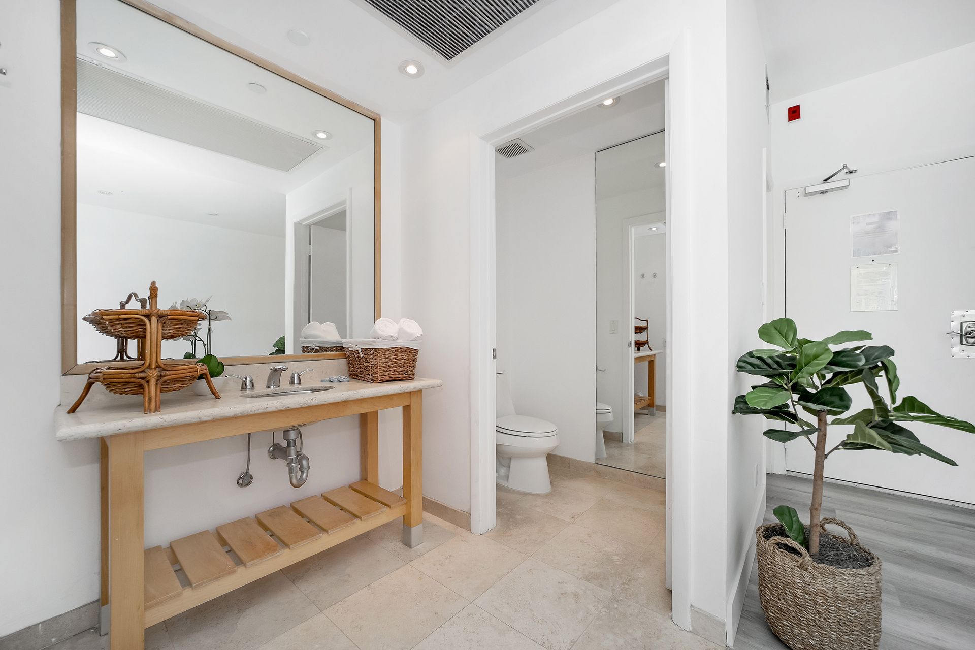 Bright hallway with large mirror, wooden console, open doorway to a toilet, and potted plant.