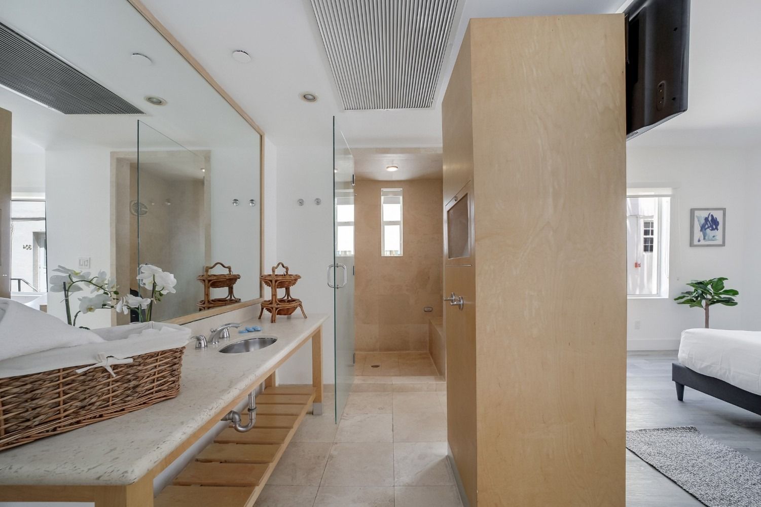 Bathroom with a long vanity, large mirror, and a shower area. Light wood paneling separates the bathroom from the bedroom.