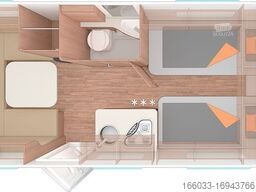 Ein Grundriss eines Wohnmobils mit zwei Betten und einer Toilette.