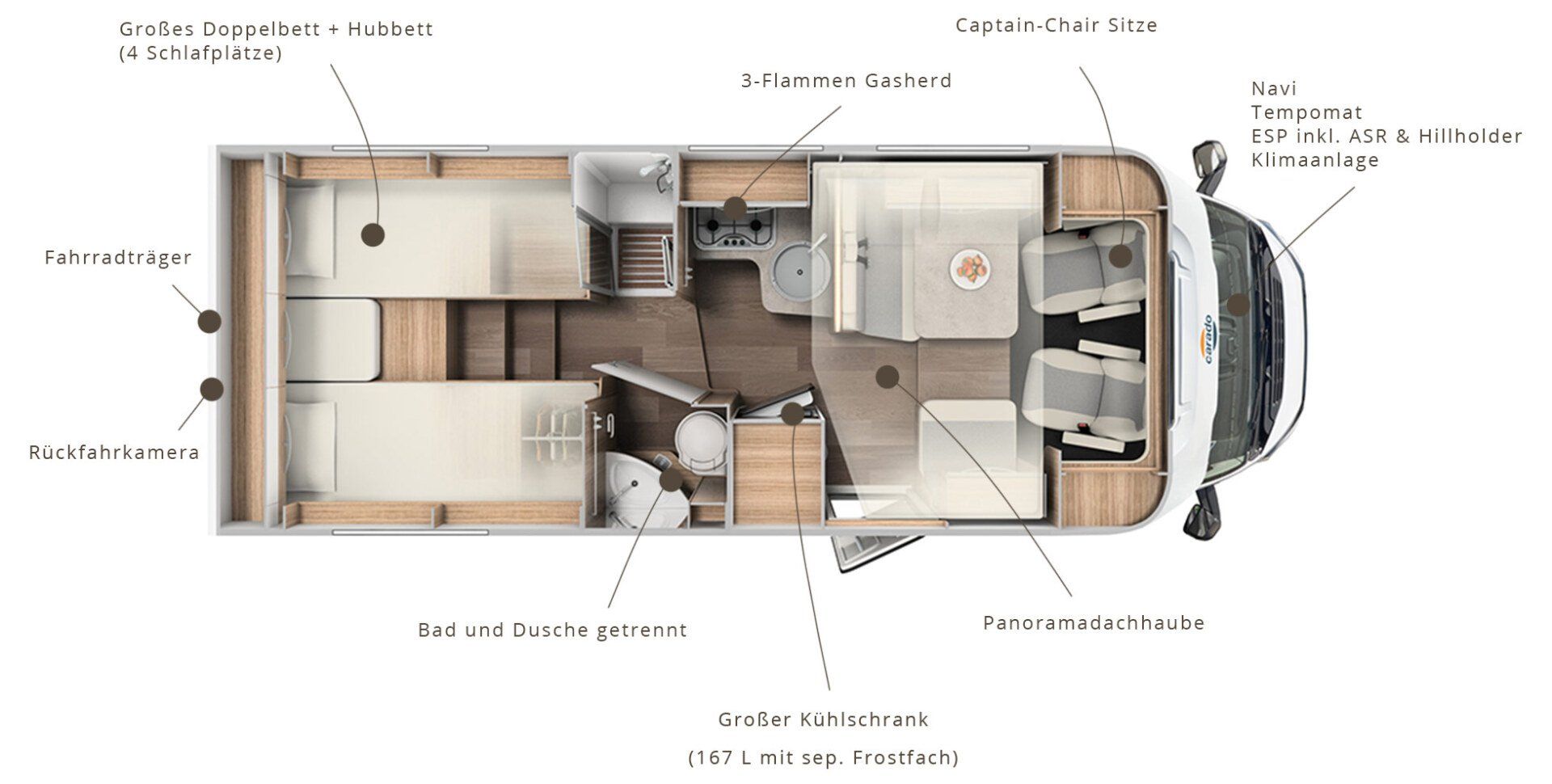 Ein Grundriss eines Wohnmobils mit viel Mobiliar.