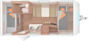 A floor plan of a camper with a kitchen and a bathroom.