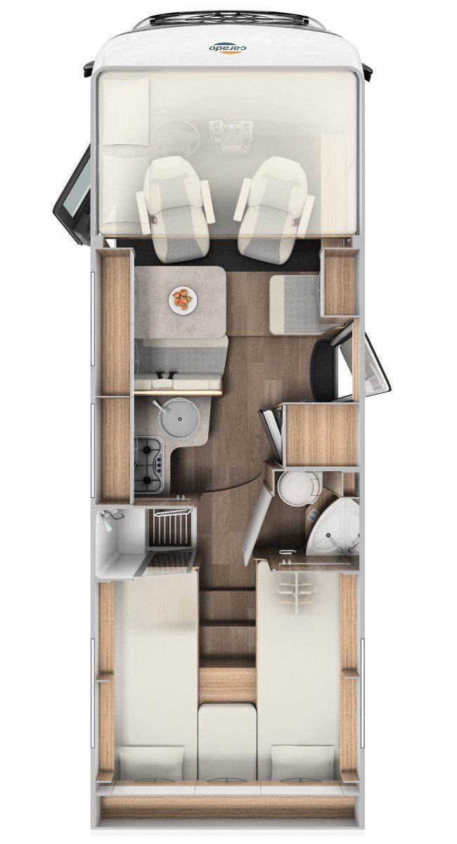 A floor plan of a camper van with a kitchen and bathroom.