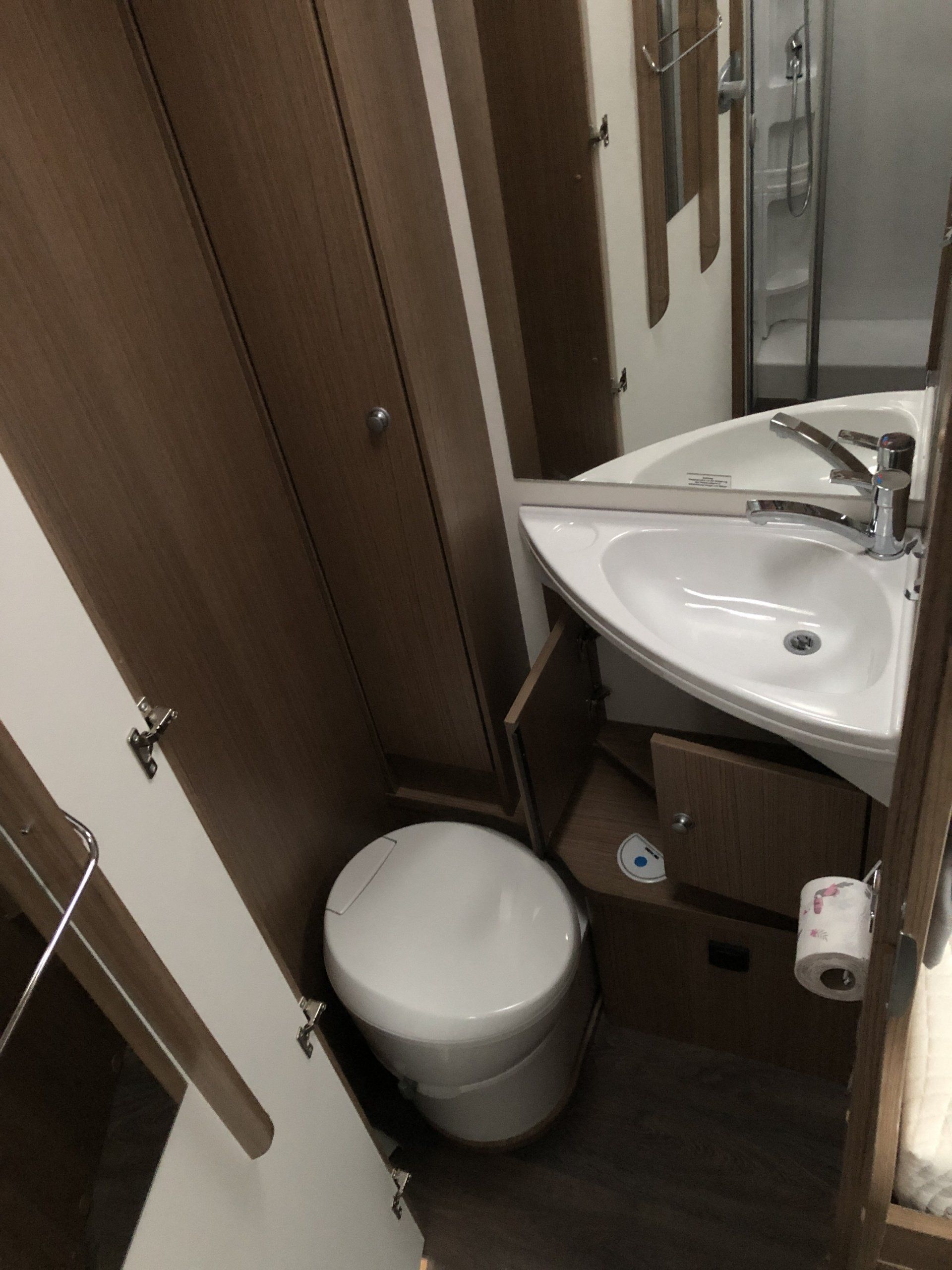 A bathroom with a toilet a sink and a mirror