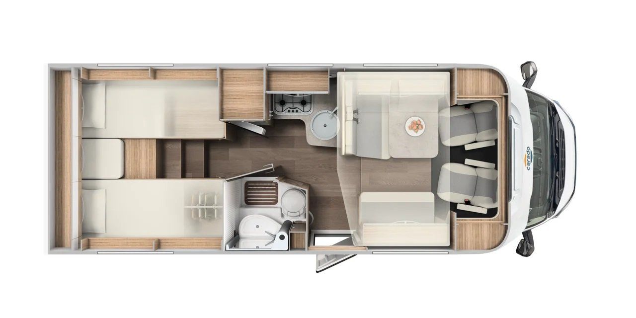 Ein Grundriss eines Wohnmobils auf weißem Hintergrund.