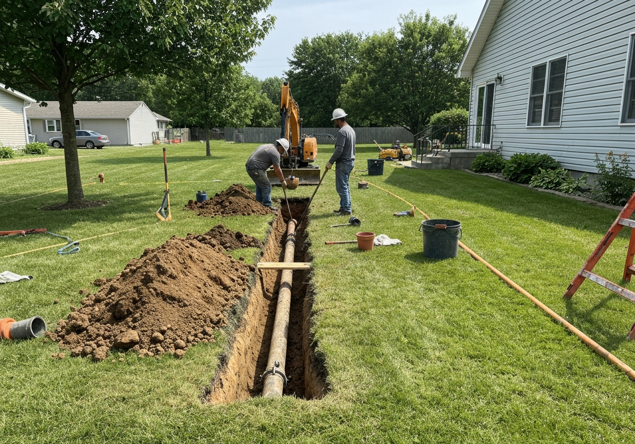Two workers stand in a residential yard beside an open trench containing a pipe, with an excavator in the background.
