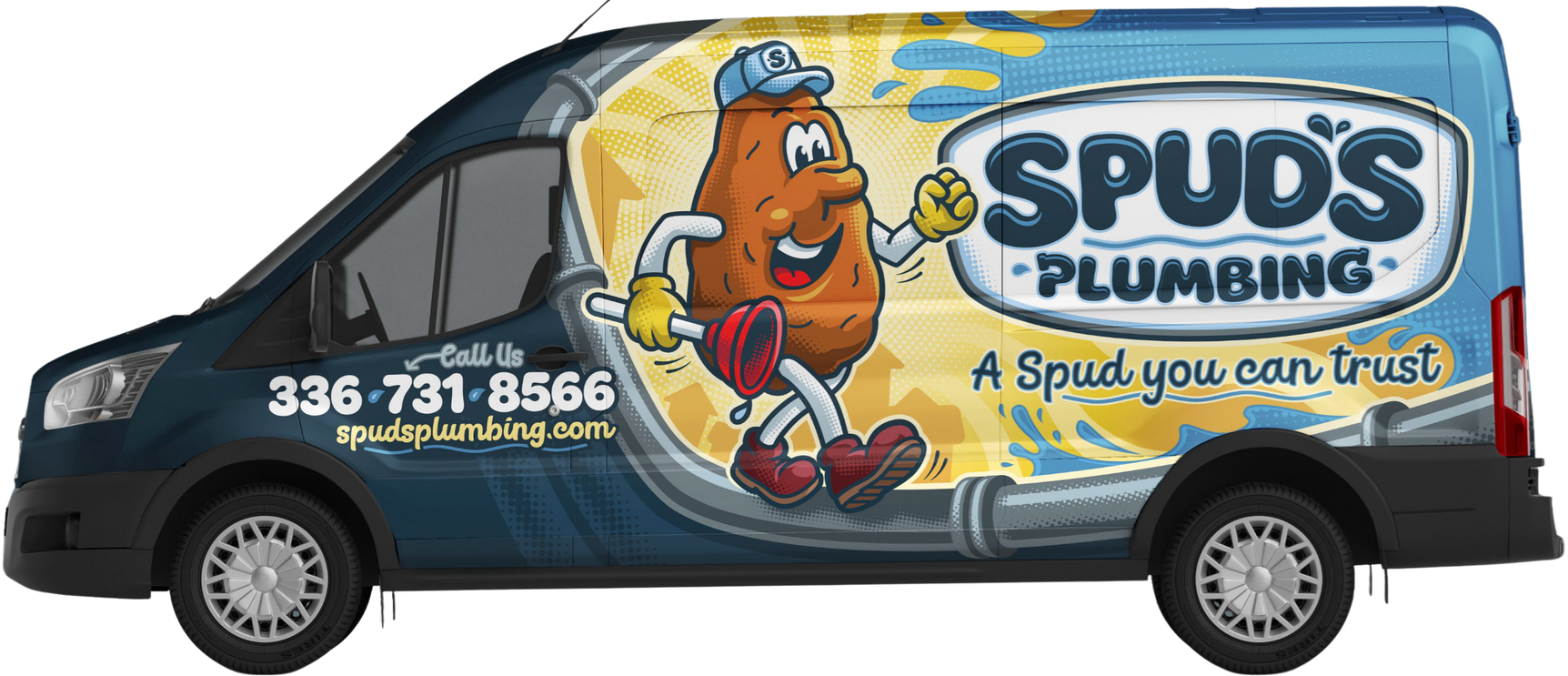 A white Spud's Plumbing work van with blue water graphics, a potato mascot, and a list of plumbing services.