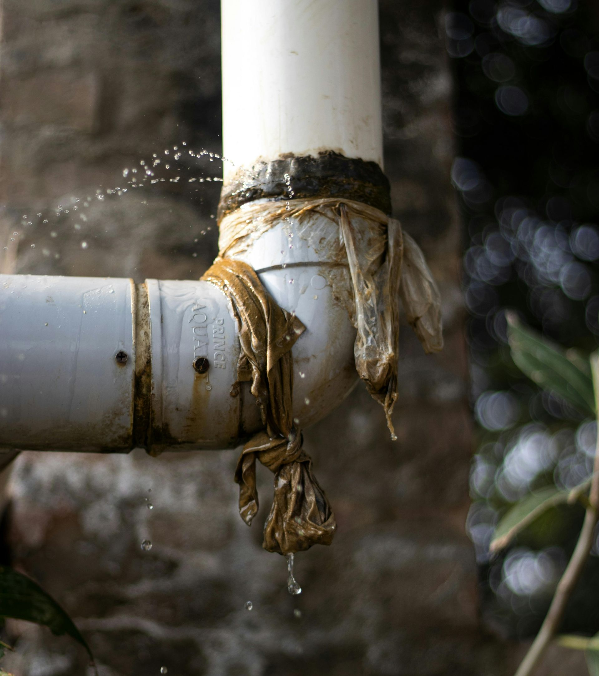 Leaking white PVC pipe elbow with water spraying in an outdoor setting
