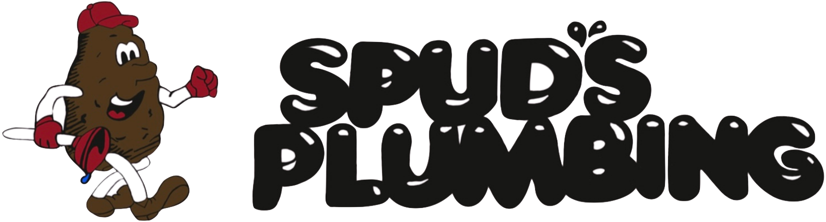 Logo for Spud's Plumbing featuring a cartoon potato mascot holding a red plunger next to black bubbly text.