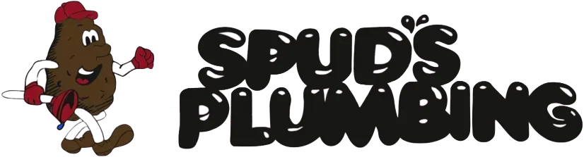 Logo for Spud's Plumbing featuring a cartoon potato mascot holding a red plunger next to black bubbly text.