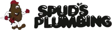 Logo for Spud's Plumbing featuring a cartoon potato mascot holding a red plunger next to black bubbly text.