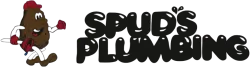 Logo for Spud's Plumbing featuring a cartoon potato mascot holding a red plunger next to black bubbly text.