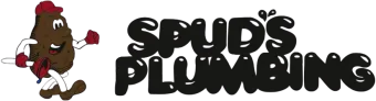 Logo for Spud's Plumbing featuring a cartoon potato mascot holding a red plunger next to black bubbly text.
