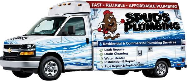 A white Spuds Plumbing service van featuring a potato mascot and a list of plumbing services against a blue water graphic.