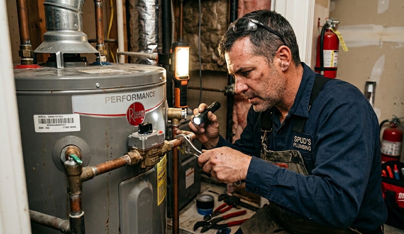 Technician inspecting a water heater with a wrench in a utility room