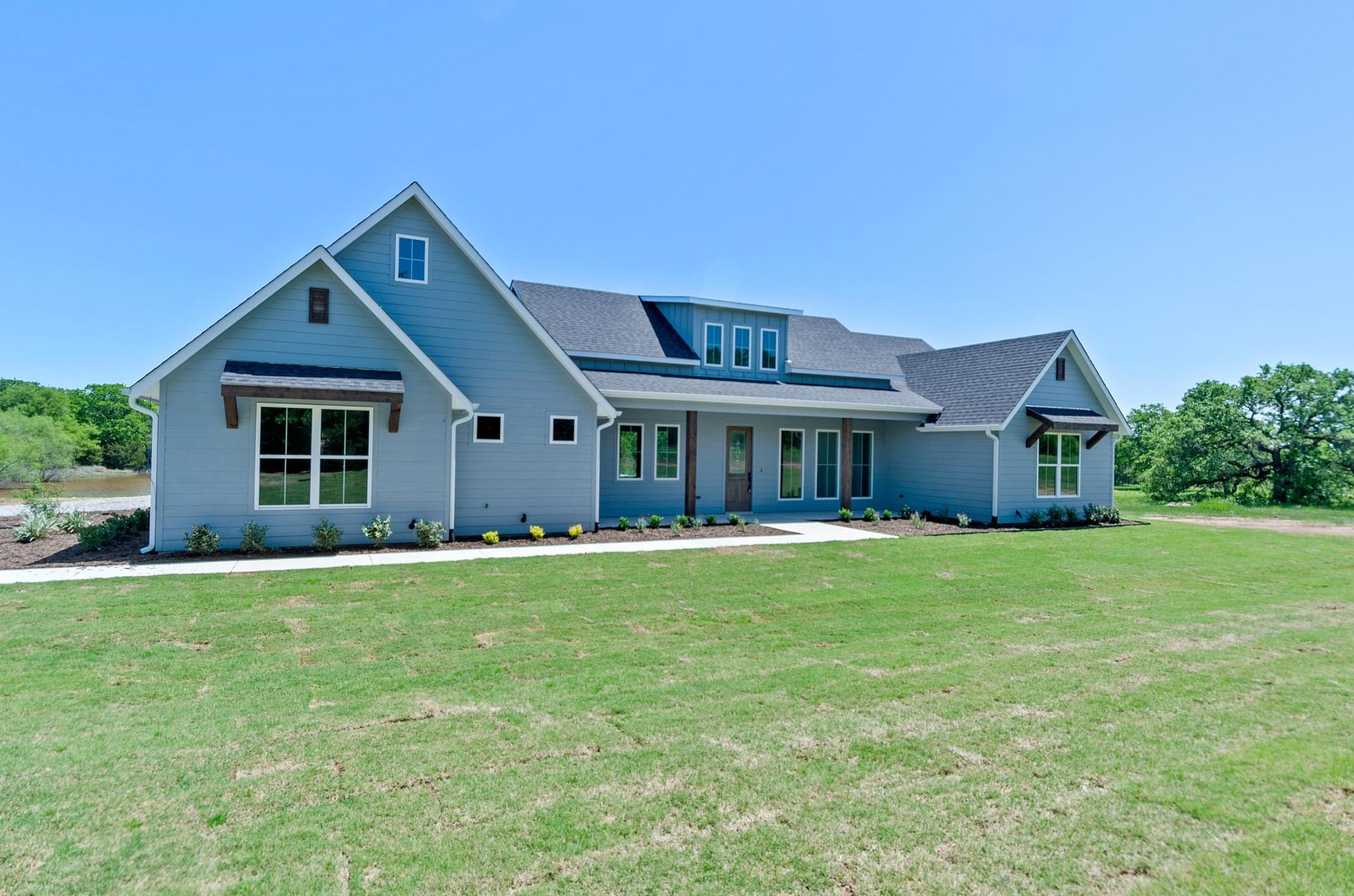 The front view of a new large house.