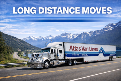 Atlas Van Lines truck driving on a mountain highway under the words “LONG DISTANCE MOVES”