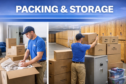 Warehouse packing and storage workers boxing items among stacked cardboard boxes and pallets