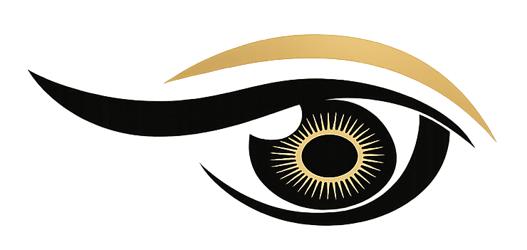 Stylized black and gold eye logo with an abstract brow and eyelash design