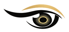 Stylized black and gold eye logo with an abstract brow and eyelash design