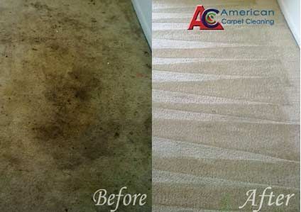 A before and after picture of a dirty carpet and a clean carpet.