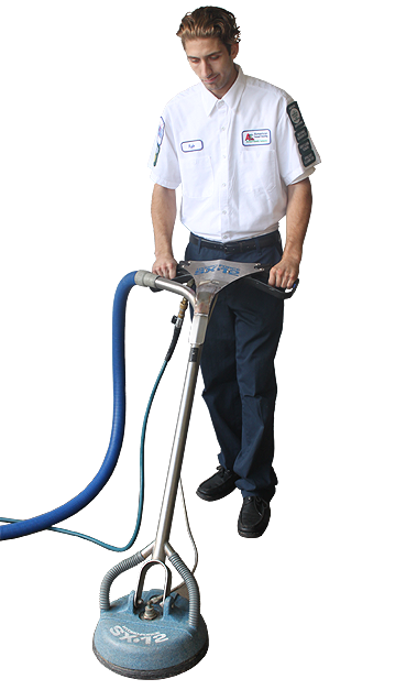 A man is using a vacuum cleaner on a white background.