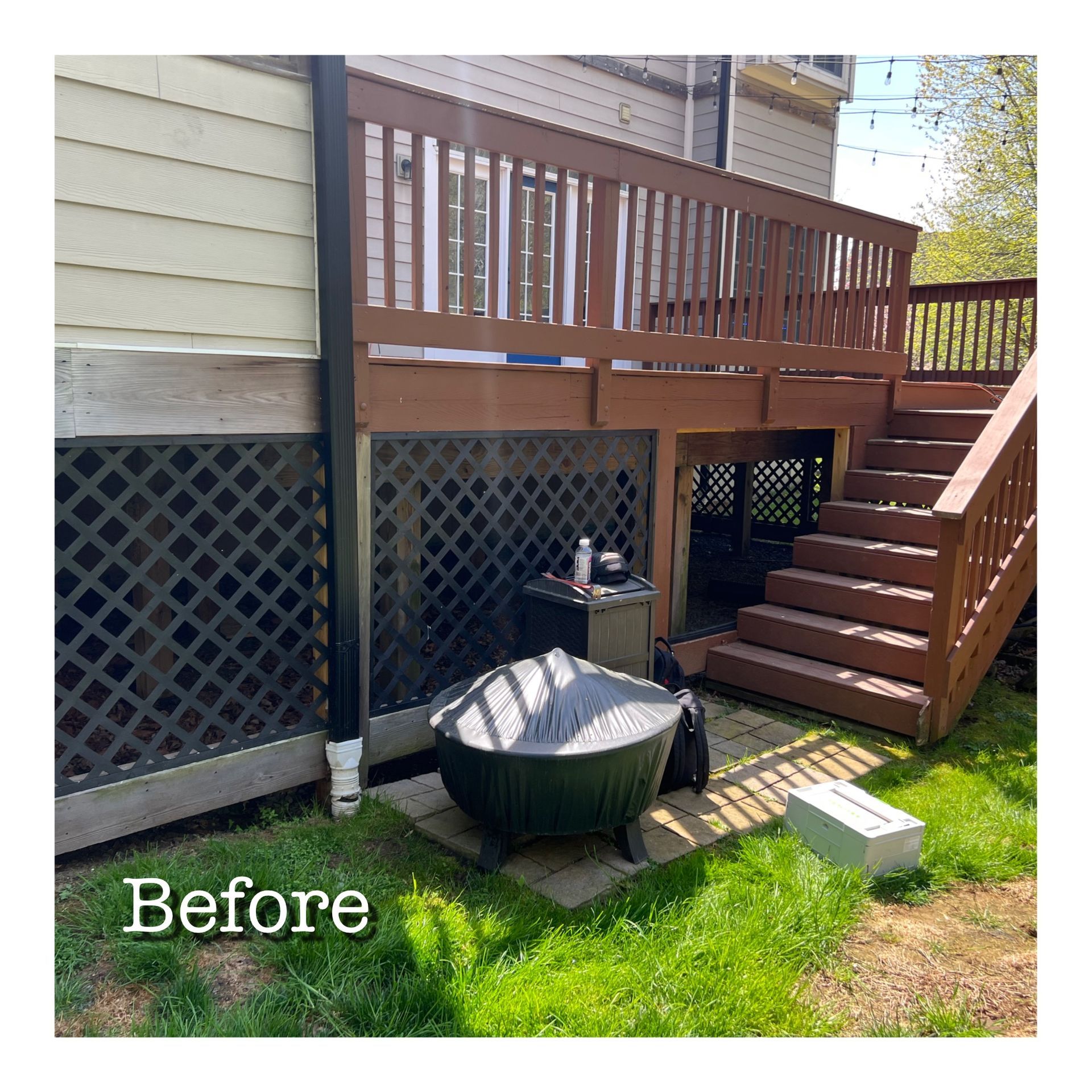 A before picture of a wooden deck with stairs and a fire pit.
