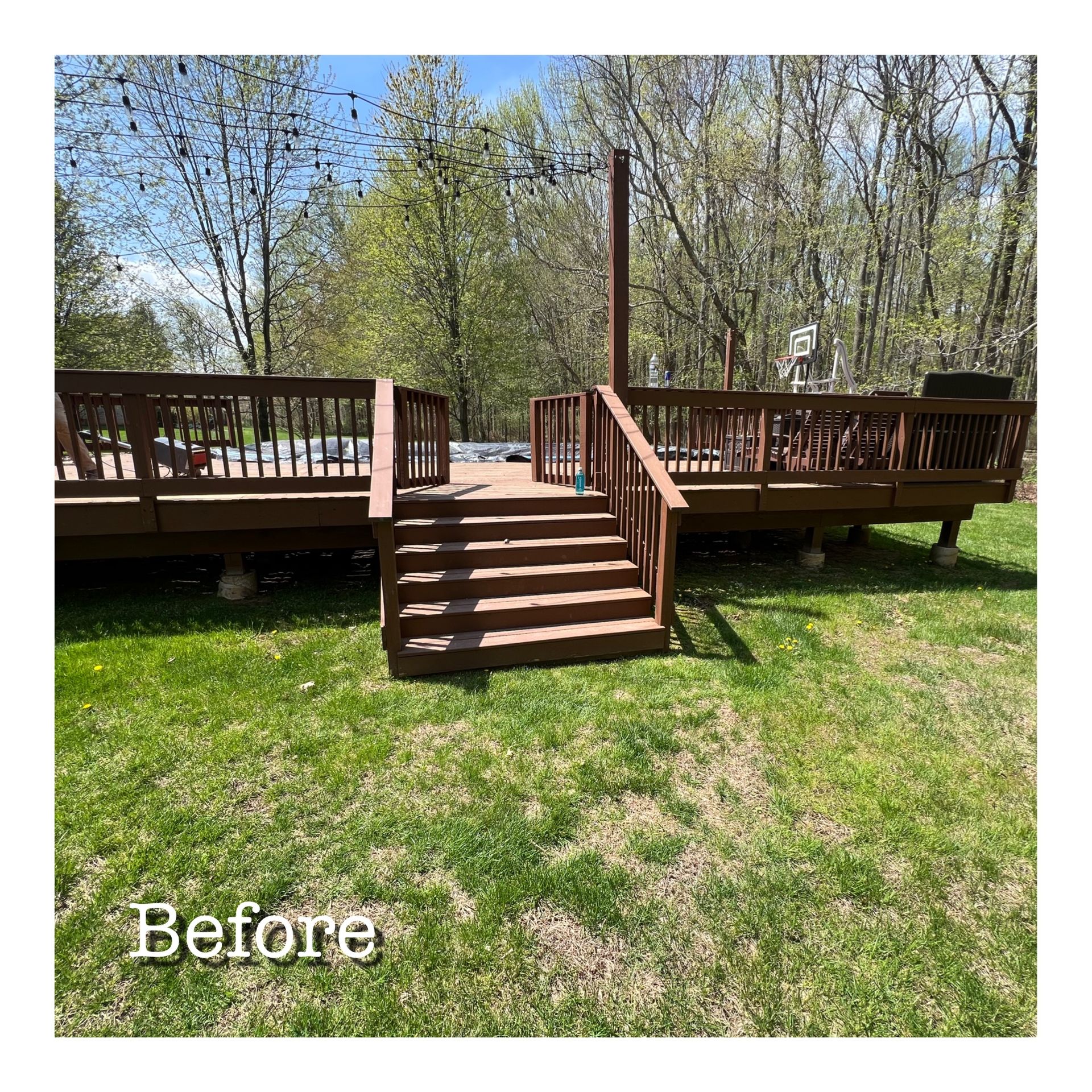 A before and after photo of a wooden deck with stairs.