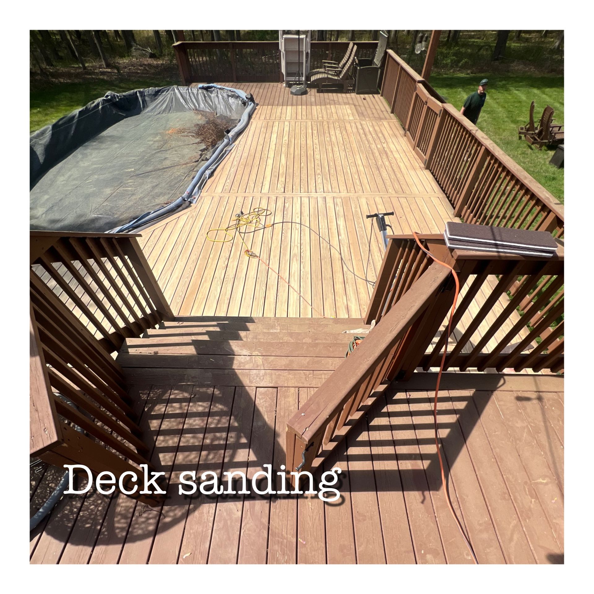 A picture of a deck being sanded with the words deck sanding below it