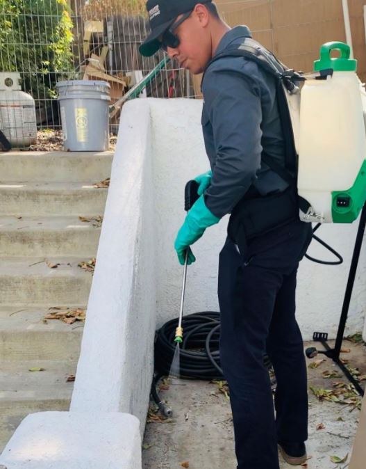 A man is spraying a wall with a sprayer