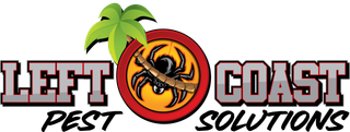 A logo for left coast pest solutions with a spider and palm tree