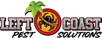 A logo for left coast pest solutions with a palm tree and a spider on a stick.
