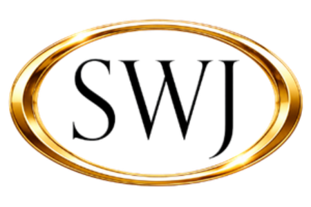 Gold oval logo with the letters “SWJ” in black on a white background