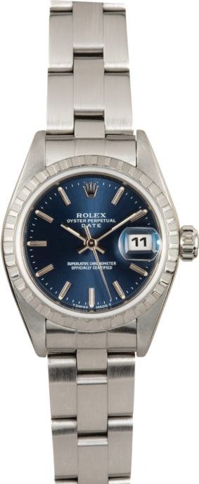 Blue dial Rolex-style stainless steel wristwatch with date display and silver bracelet