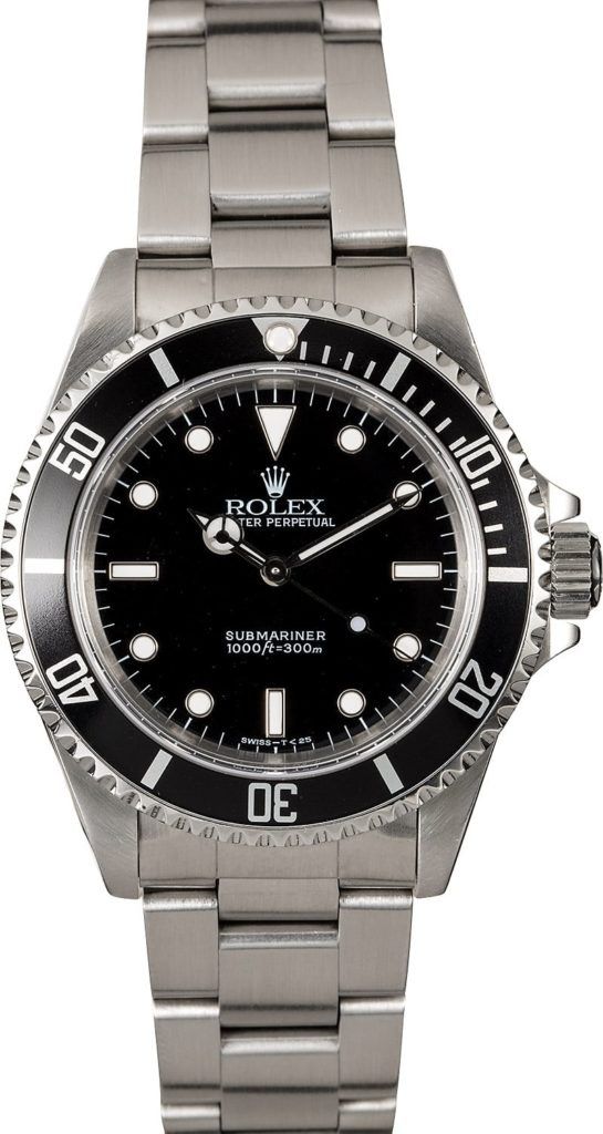 Silver wristwatch with black dial and stainless steel band on a white background
