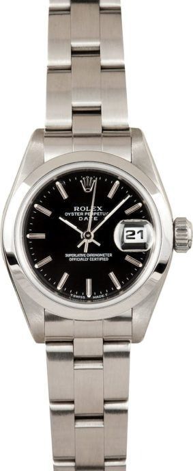 Silver wristwatch with black dial and date display on metal band
