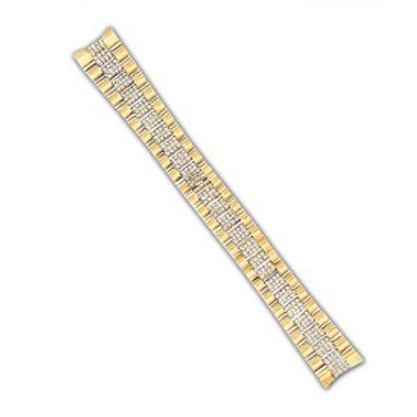 Long gold-and-silver bracelet with repeating rectangular links on a white background