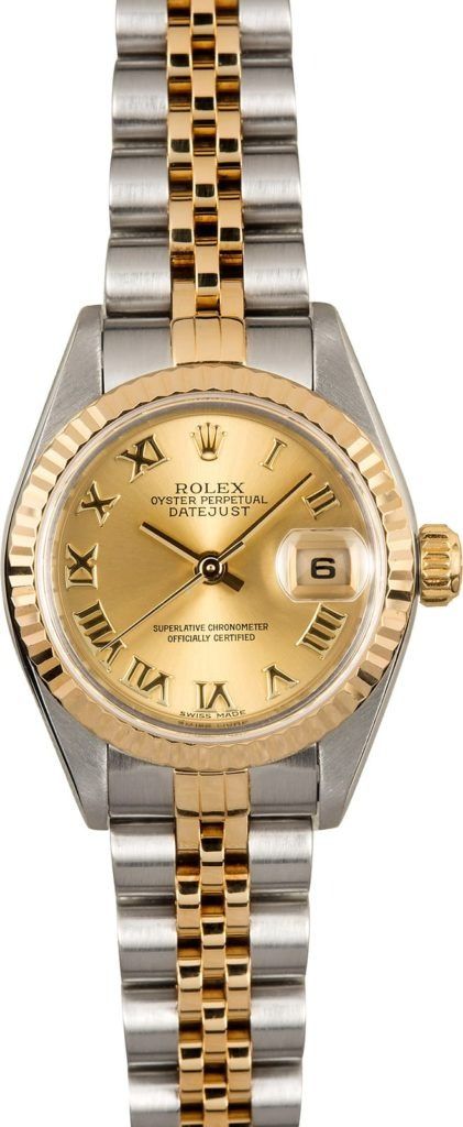 Two-tone gold and silver wristwatch with Roman numerals and date display on a white background