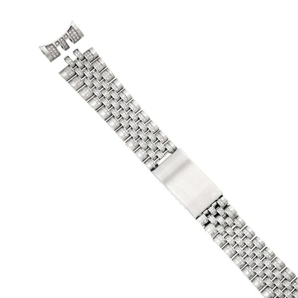 Silver metal wristwatch band with a clasp, shown diagonally on a white background