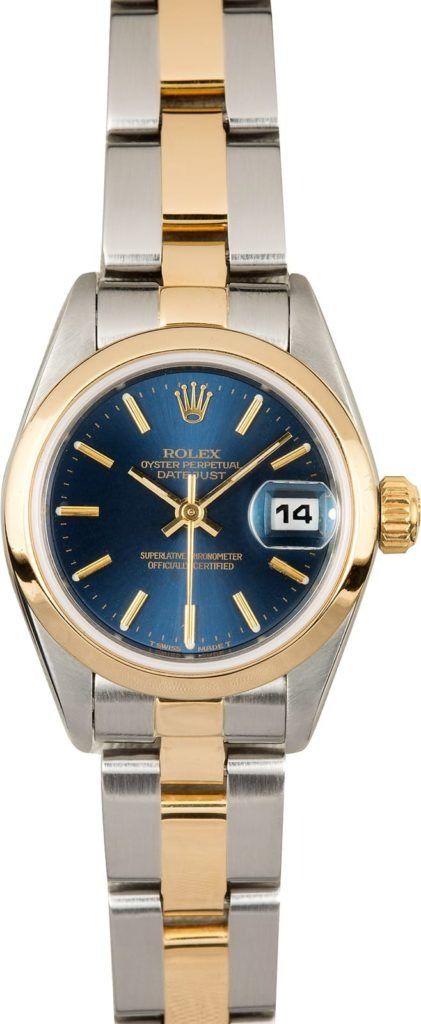 Two-tone gold and silver wristwatch with blue dial and date display