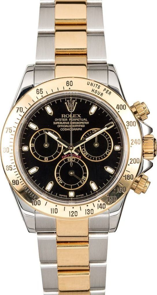 Two-tone gold and silver Rolex chronograph watch with a black dial and three subdials