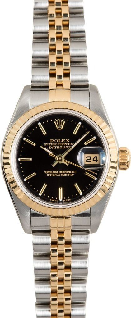 Two-tone gold and silver Rolex wristwatch with black dial and date display