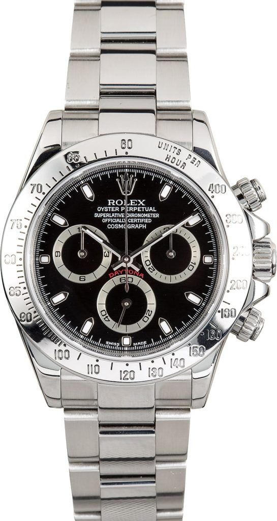 Silver chronograph wristwatch with black dial and stainless steel bracelet on a white background