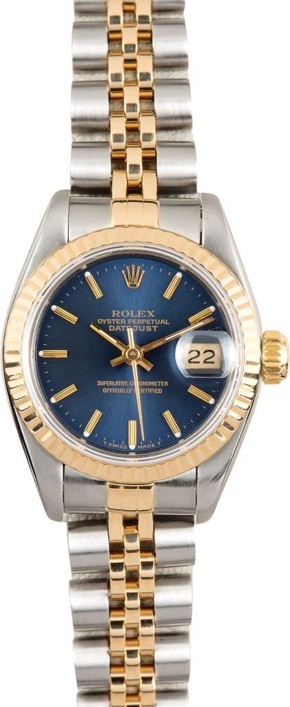 Two-tone gold and silver wristwatch with blue dial and date display