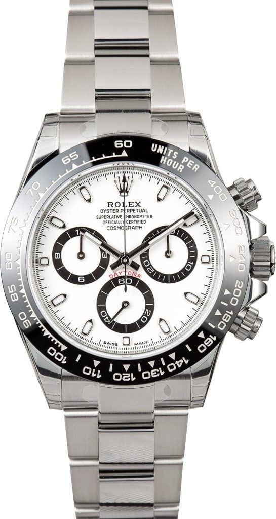 Silver Rolex Daytona watch with white dial, black subdials, and black bezel on a metal bracelet